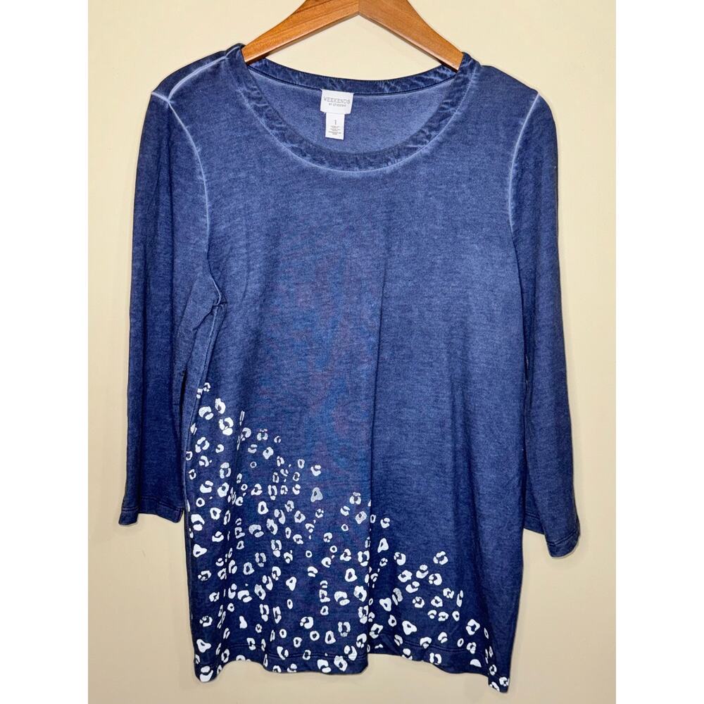 Weekends by Chico's Top Women's 1 Medium Blue 3/4 Sleeve Cotton Viscose Tee EUC